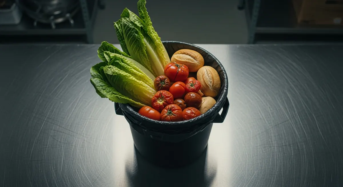 Ingredientes a punto de tirar en un contenedor de residuos de restaurante